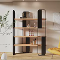 Modern Black Frame Wooden Bookshelf with Decorative Vases Bottles and Items Near Green Plant