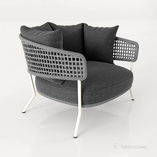 Modern Gray Outdoor Chair With Padded Seat Grid Design Armrests And White Metal Legs 3d model 