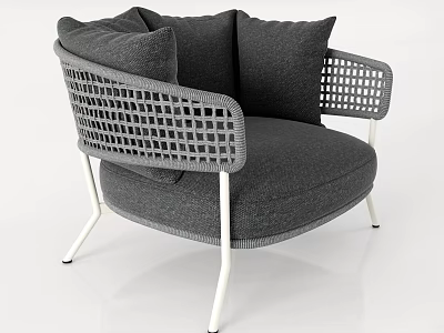 Modern Gray Outdoor Chair With Padded Seat Grid Design Armrests And White Metal Legs 3d model