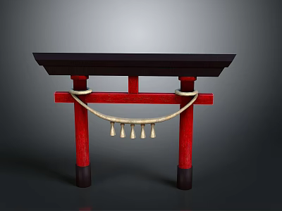 Traditional Japanese Torii Gate With Red Pillars Black Top And Hanging Bells 3d model