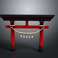 Traditional Japanese Torii Gate With Red Pillars Black Top And Hanging Bells