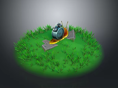 Lush Green Grass Patch Featuring Snail Shaped Object And Stone Slabs 3d model