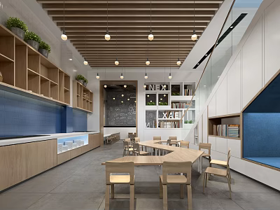 Modern Restaurant Open Layout With Wooden Ceiling Pendant Lights Green Plants And Wooden Tables Chairs 3d model