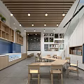 Modern Restaurant Open Layout With Wooden Ceiling Pendant Lights Green Plants And Wooden Tables Chairs