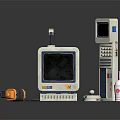 Vintage Computer Setup With Monitor Keyboard Headphones Floppy Disk And Drink Cup