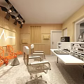 Modern Workspace With Beige Walls White Table Orange Geometric Chairs And Ceiling Lights