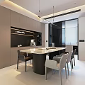 Modern Open Concept Restaurant Kitchen Interior With Island Counter And Pendant Lights