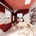 Kid Learning Fire Safety Equipment In Red Exhibition Room With Extinguishers