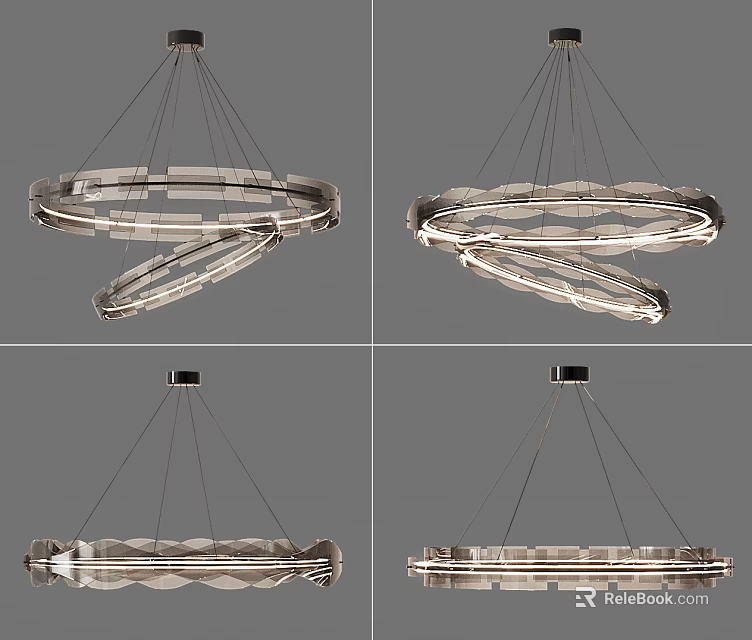 Modern Contemporary Hanging Chandelier With Intertwined Transparent Rings And Metallic Frame 3d model 