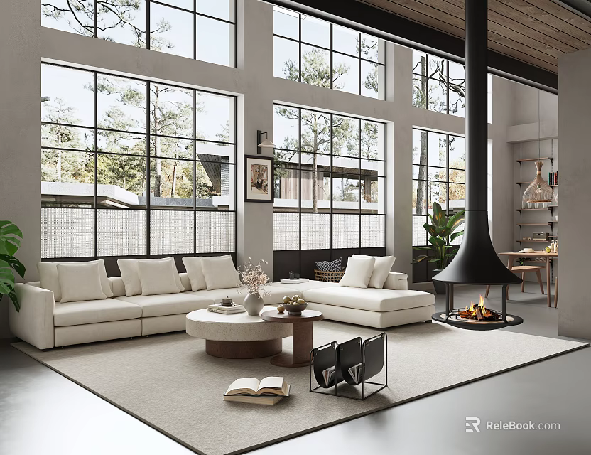 Modern Open Concept Living Dining Room Interior With Large Windows White Sofa And Black Fireplace 3d model 