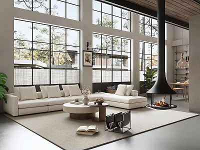 Modern Open Concept Living Dining Room Interior With Large Windows White Sofa And Black Fireplace 3d model