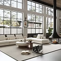 Modern Open Concept Living Dining Room Interior With Large Windows White Sofa And Black Fireplace