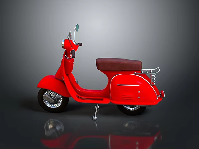 Red Vintage Scooter With Brown Leather Seat And Reflection On Dark Background 3d model