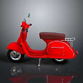 Red Vintage Scooter With Brown Leather Seat And Reflection On Dark Background