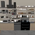 Modern Dinnerware Set With Bowls Plates Cups On Kitchen Shelves And Countertop