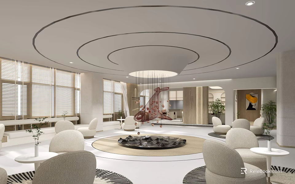 Front Desk Reception Modern Lobby Interior With Circular Ceiling Red Chandelier White Sofas Round Tables 3d model 