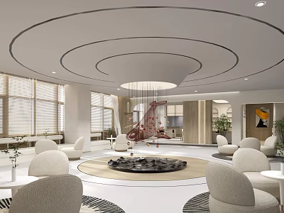 Front Desk Reception Modern Lobby Interior With Circular Ceiling Red Chandelier White Sofas Round Tables 3d model