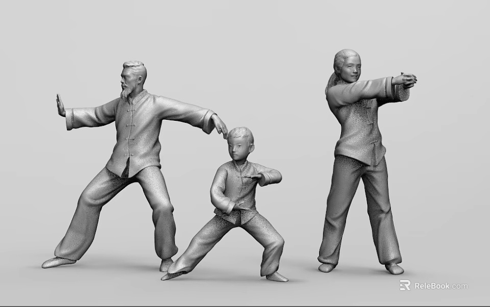 Three Silver Human Figure Tai Chi Sculptures in Dynamic Martial Arts Poses 3d model 