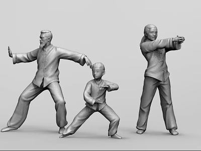 Three Silver Human Figure Tai Chi Sculptures in Dynamic Martial Arts Poses 3d model