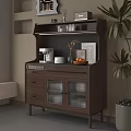Elegant Wooden Sideboard with Drawers Glass Doors Featuring Coffee Machine Vase Oranges and Potted Plant