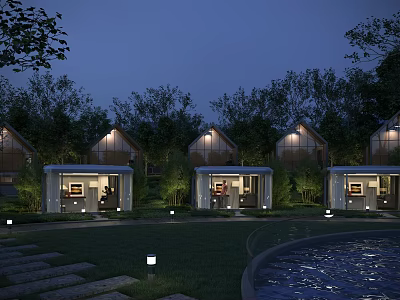 Nighttime Illuminated Villa Style Guesthouses With Lush Trees Lawn And Pool 3d model