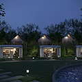 Nighttime Illuminated Villa Style Guesthouses With Lush Trees Lawn And Pool