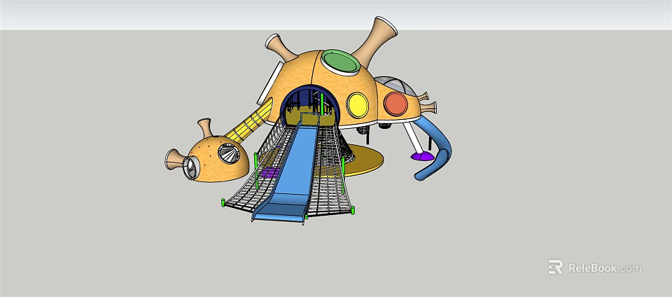Orange Kids Playground Equipment with Blue Slide and Climbing Net Structure 3d model 