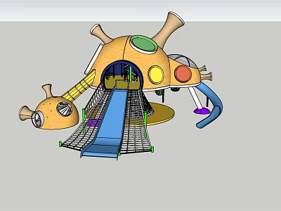Orange Kids Playground Equipment with Blue Slide and Climbing Net Structure 3d model