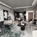 Elegant Modern Living Dining Interior With Exquisite Art Paintings Velvet Accent Chair And Marble Details