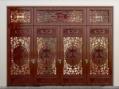 Wooden Double Doors with Intricate Traditional Chinese Carvings and Lattice Panel Design 3d model