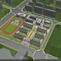 School Buildings in Modern Campus Aerial View With Sports Field and Green Landscaping
