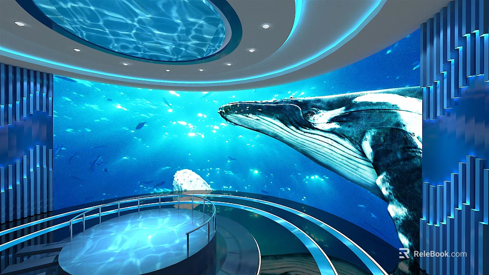 Underwater Aquarium Scene With Large Whale Blue Water And Circular Observation Deck 3d model 