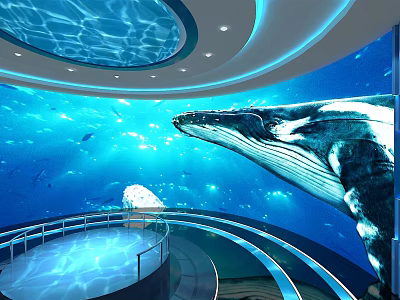 Underwater Aquarium Scene With Large Whale Blue Water And Circular Observation Deck 3d model