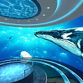 Underwater Aquarium Scene With Large Whale Blue Water And Circular Observation Deck