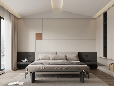 Modern Bedroom Interior Design With Large Bed Headboard Wall Nightstands And Window Curtains 3d model