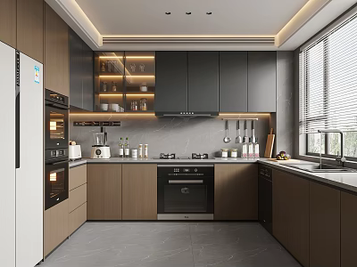 Modern Kitchen Interior Design With Dark Cabinets White Refrigerator And Appliances 3d model