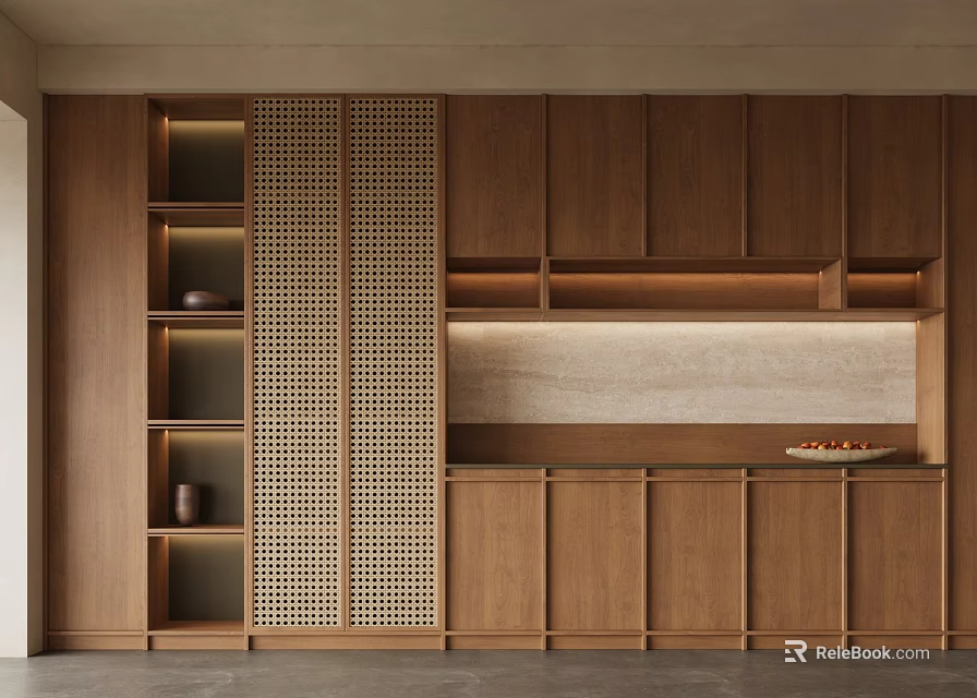Modern Minimalist Wooden Kitchen Sideboard with Storage Cabinets Open Shelves and Light Strips 3d model 