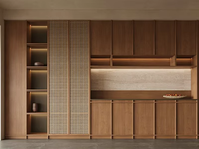 Modern Minimalist Wooden Kitchen Sideboard with Storage Cabinets Open Shelves and Light Strips 3d model