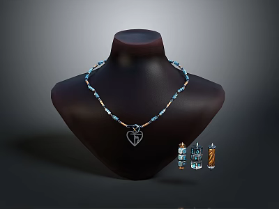 Stylish Necklace With Blue White Beads Silver Heart Pendant And Small Glass Bottles For Daily Life Essentials 3d model