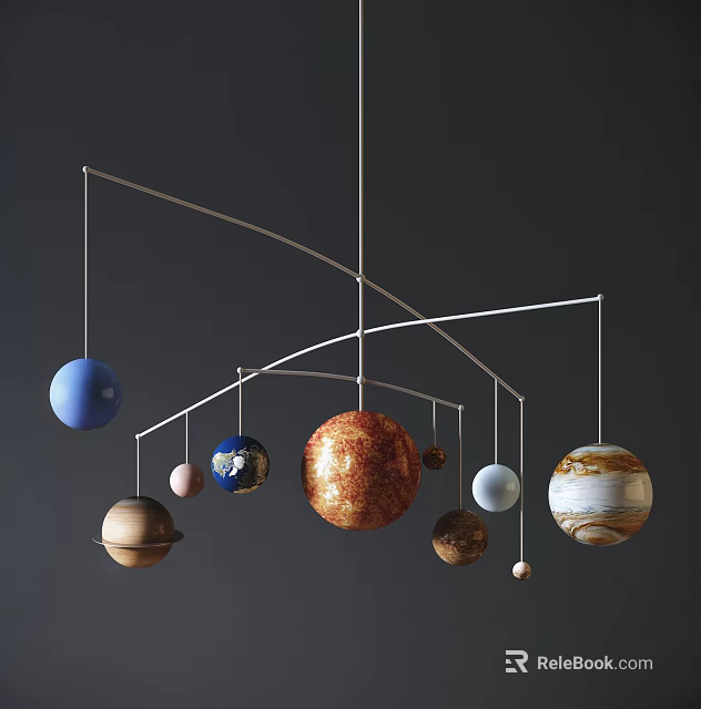Colorful Planetary Hanging Decoration with Curved Metal Frame and Suspended Planet Models 3d model 