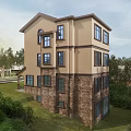 Detached Villa Exterior Design With Stone Walls Glass Windows Balcony Lawn And Trees