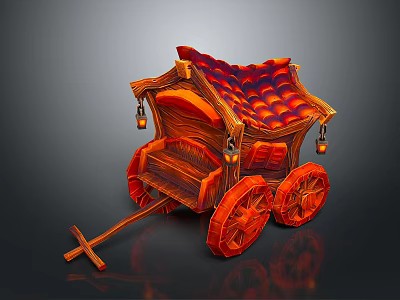 Vintage Wooden Carriage With Red Tile Roof Hanging Lanterns And Large Wheels 3d model