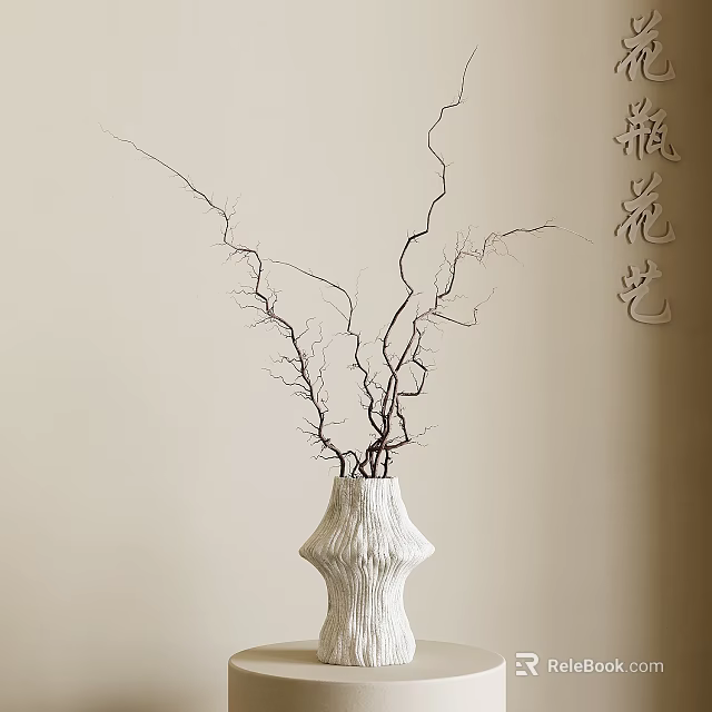 Decorative Textured White Vase With Curved Branches And Light Wall Background 3d model 