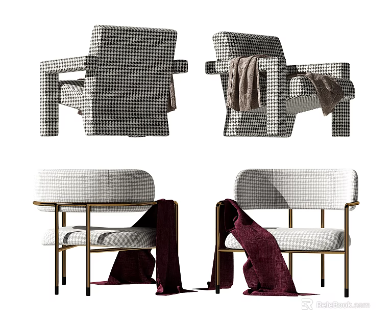 Single Sofa With Black White Checkered Upholstery Cozy Brown Maroon Blankets And Golden Metal Legs 3d model 
