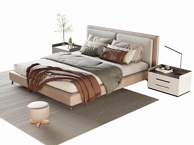 Modern Double Bed Interior Design With Beige Headboard Various Pillows Nightstand And Striped Rug 3d model