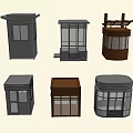 Various Small Kiosk Designs In Gray And Brown With Windows And Frames 3d model
