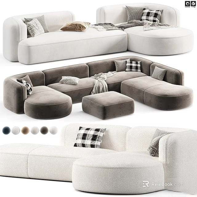 Modern Double Sofa Design With Pillows Ottoman And Multiple Color Options 3d model 