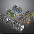 Multiple Futuristic Mechanical Weapon Designs With Colorful Components And Base Structures