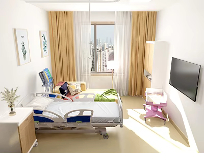 Bright Hospital Room Interior With Medical Bed TV City View And Curtains 3d model