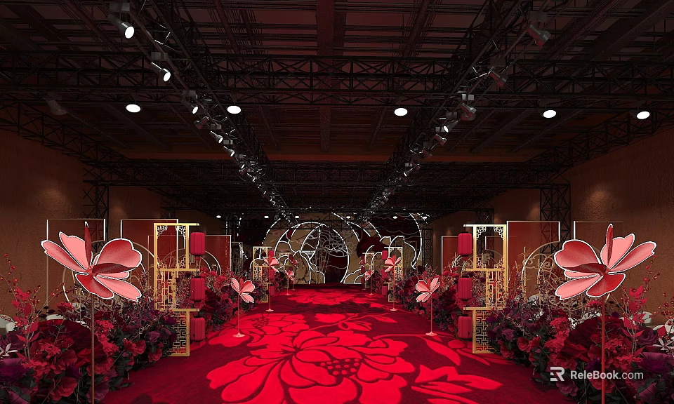Service Hall Interior With Red Carpet Floral Decorations Golden Frames And Ceiling Lighting 3d model 
